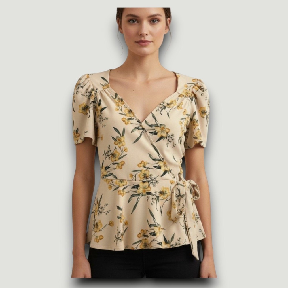 Meraki Womens Blouse S Floral Wrap Peplum Cream Yellow Soft Girl Cottagecore